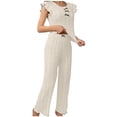 thumbnail image 3 of RongHuan Womens Pajama Set Eyelet Lace Ruffle Sleeve Top and Long Pants 2 Piece Cute Solid Color Sleepwear with Bowknot, 3 of 8