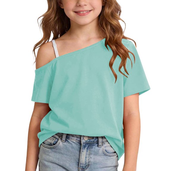 hoksml Girls One Shoulder T-Shirt, Short Sleeve Casual Top, Kids Off Shoulder Tee for Back to School