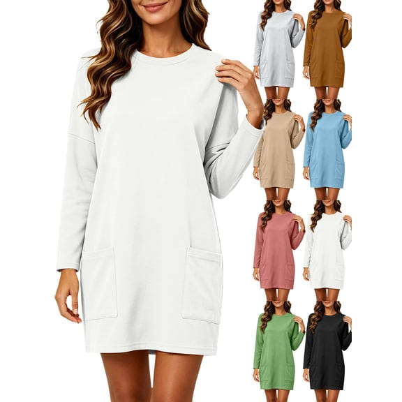 Fall Dresses for Women Long Sleeve Sweatshirt Dress with Pockets - Loose Fit Casual Midi Dress Winter Base Layer Dresses