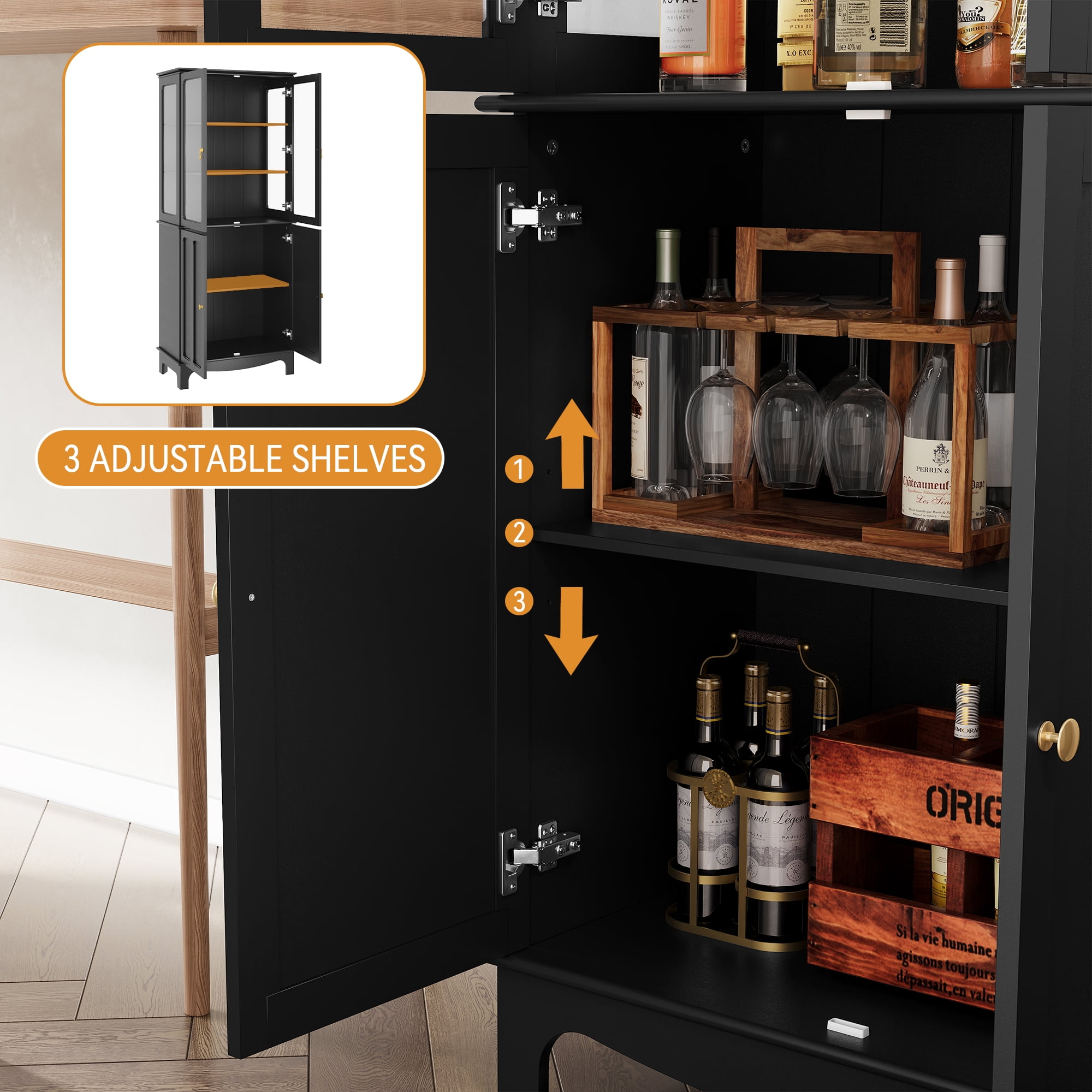 HLR 72" Modern Black Cupboard with Adjustable Shelves, Elegant Storage Cabinet