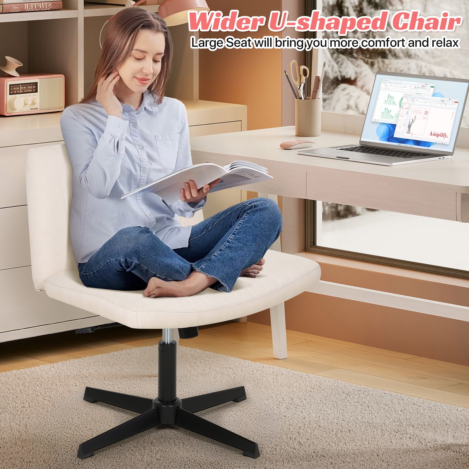 Criss Cross Chair, Armless Vanity Chair Cross Legged Office Chair, Adjustable Wide Swivel Desk Chair for Home Office No Wheels, Beige