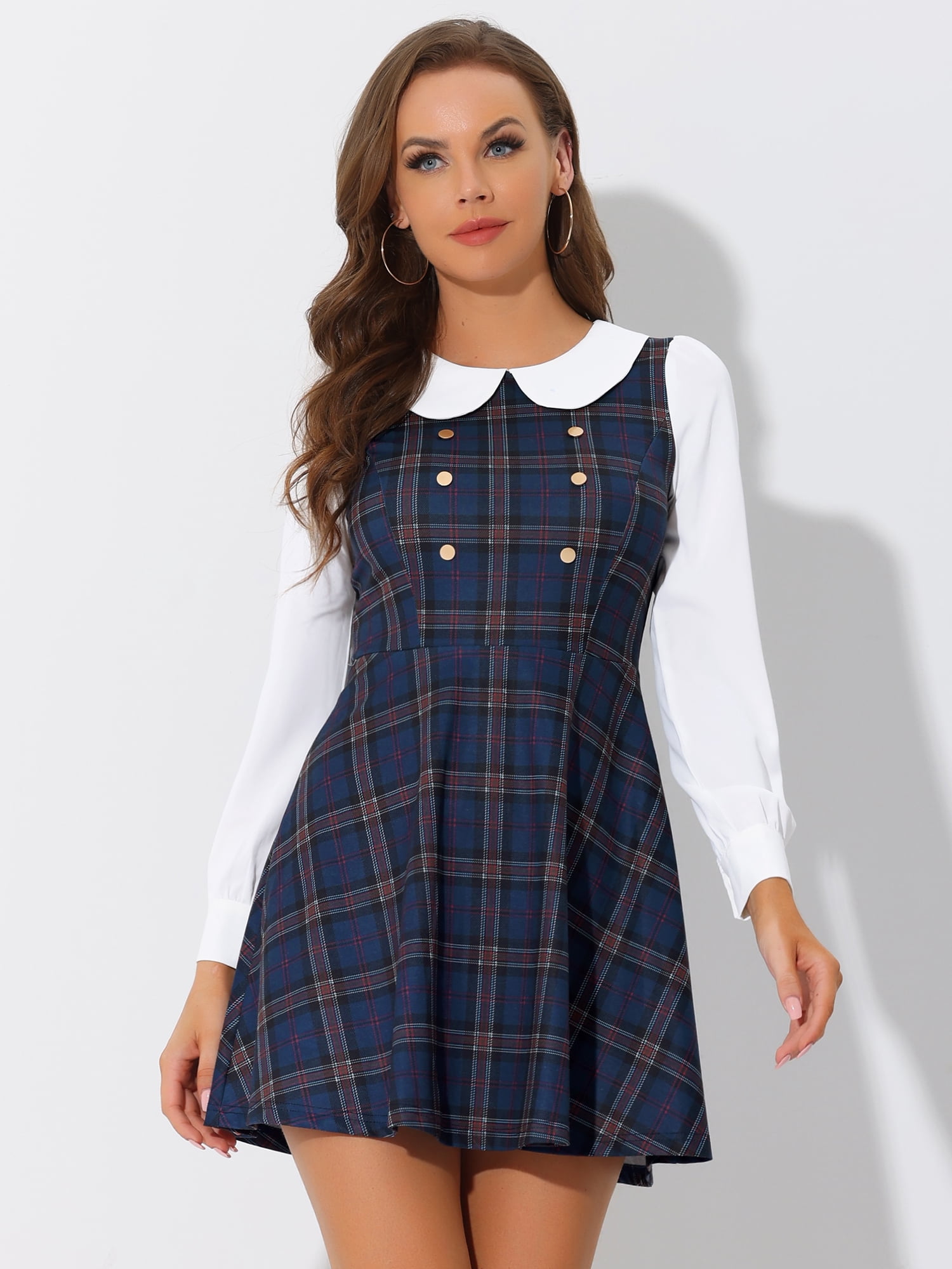 DARING DIVA Plaid Peter Pan Collar Mini A-Line Dress S Dark Blue