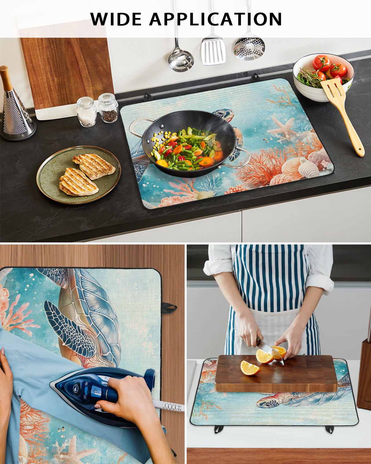 nqOlkjepod Large Induction Cooktop Protector Mat 24"x21", Ocean Turtle Stove Top Covers for Electric Stove, Coastal Blue Coral Starfish Shell Stove Burner Cover Mats, Glass Top Stove Cover