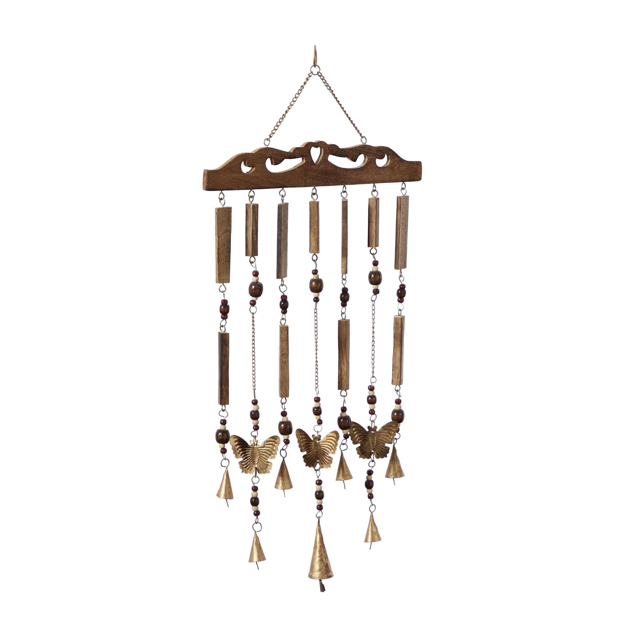 DecMode 26" Brown Wood Butterfly Windchime with Beads and Cone Bells