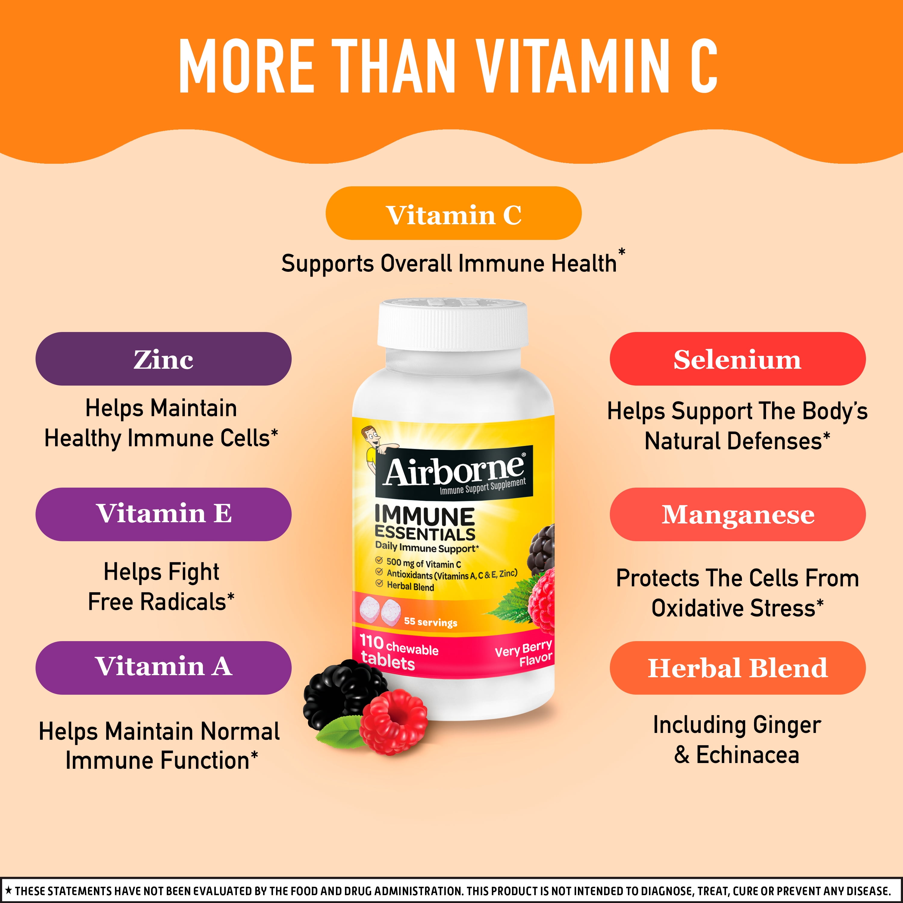 (3 pack) Airborne Immune Essentials Vitamin C Chewable Tablets, Multivitamin Immunity Support Supplement, Very Berry, 110 Count