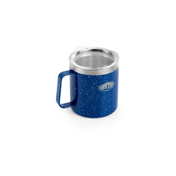 G S I Outdoors Travel Mug 63252 Glacier Stainless; 15 Ounce Capacity; Press-Fit Sip Through Lid; Vacuum Insulated Wall; With Handle; GSI Outdoors Logo; Blue Speckle