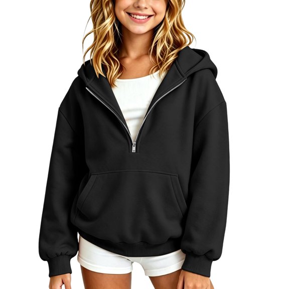 Girls Half Zip Hooded Sweatshirt Kids Trendy Plain Pullover Hoodies with Kangaroo Pockets Oversized Drop Shoulder Outerwear
