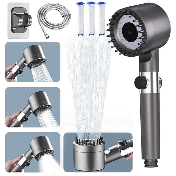 Ion Drops Shower Head, High Pressure Shower Head and Hose Set with 4 Filters, 59‘’ Hose & Bracket, 4 Spray Modes & Pause Switch, Ion Drops Filtered Showerhead with Handheld, Gray