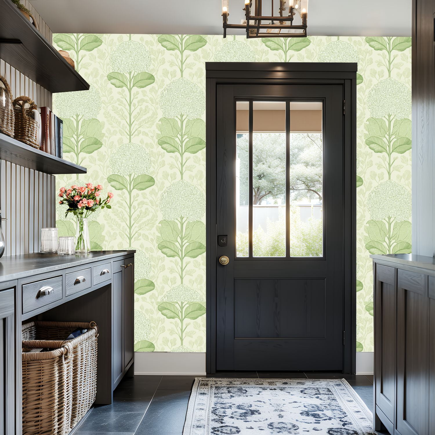 Sage Green Peel and Stick Wallpaper Green Botanical Floral Hydrangea Blossoms Leaves Wall Mural 17.7in x 9.8ft Self Adhesive Removable Wall Paper Renter Friendly Wallpaper for Girls Bedroom