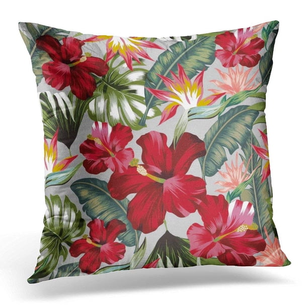 USART White Hibiscus Tropical Pattern Flower and Palm Leaf Green