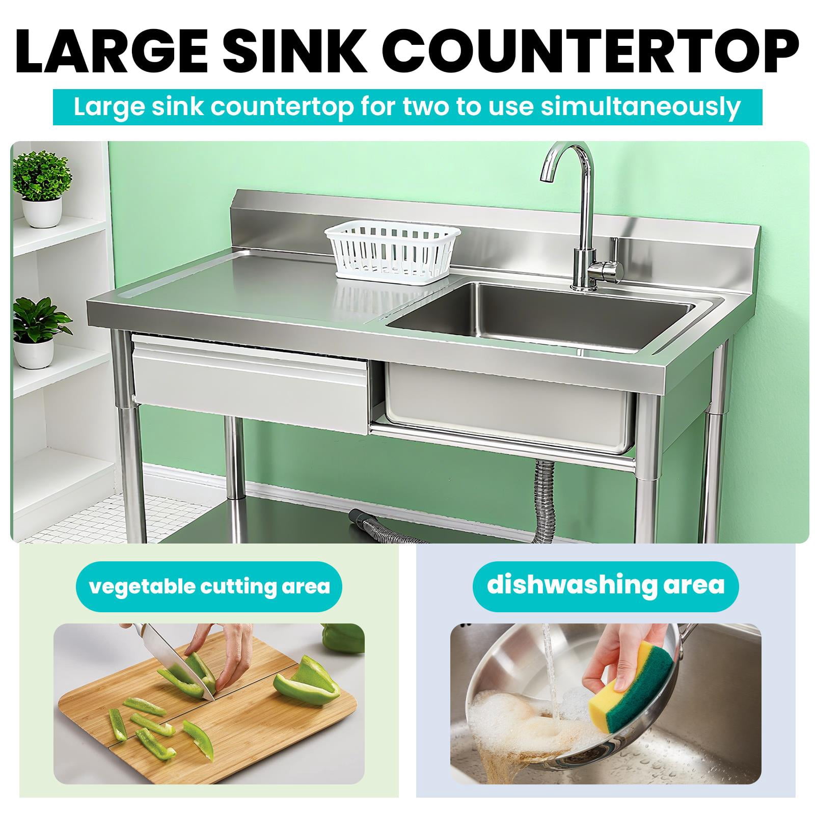 Drawer Stainless Steel Utility Sink,Free Standing Utility Sink With Faucet And Storage Drawer,1.2mm Thick 201 Stainless Steel,Stainless Steel Commercial Sink For Indoor Or Outdoor Use,Silver