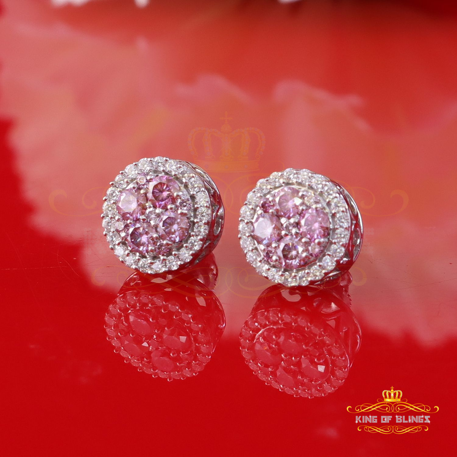 King of Bling's 925 Silver White 1.00ct VVS D Men's/Women's Pink Moissanite Round Stud Earrings