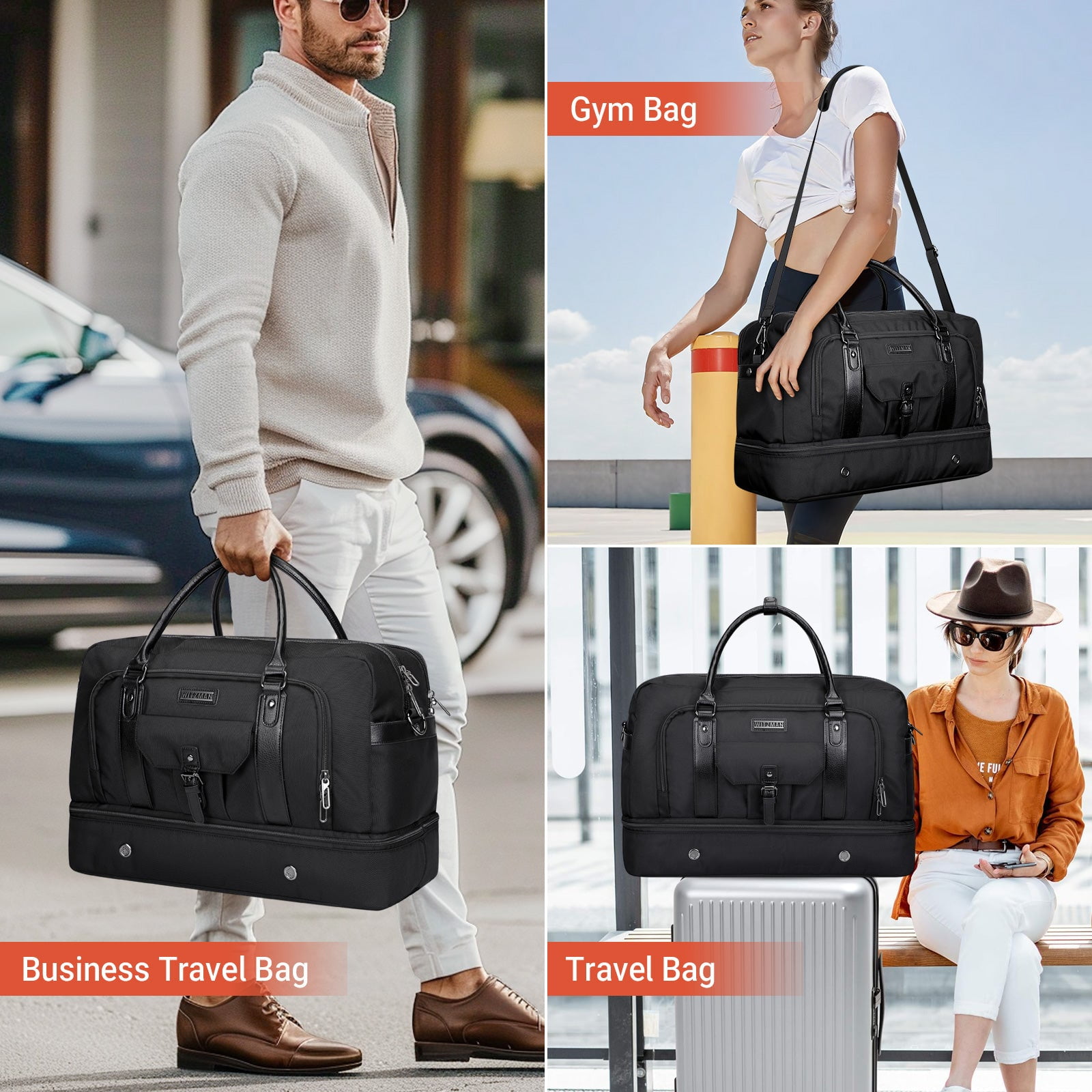 WITZMAN Weekender Bags for Men Women Carry on Duffle Overnight Bag with Toiletry Bag Sets Travel Duffel Bag Shoes Compartment（B694 Black）