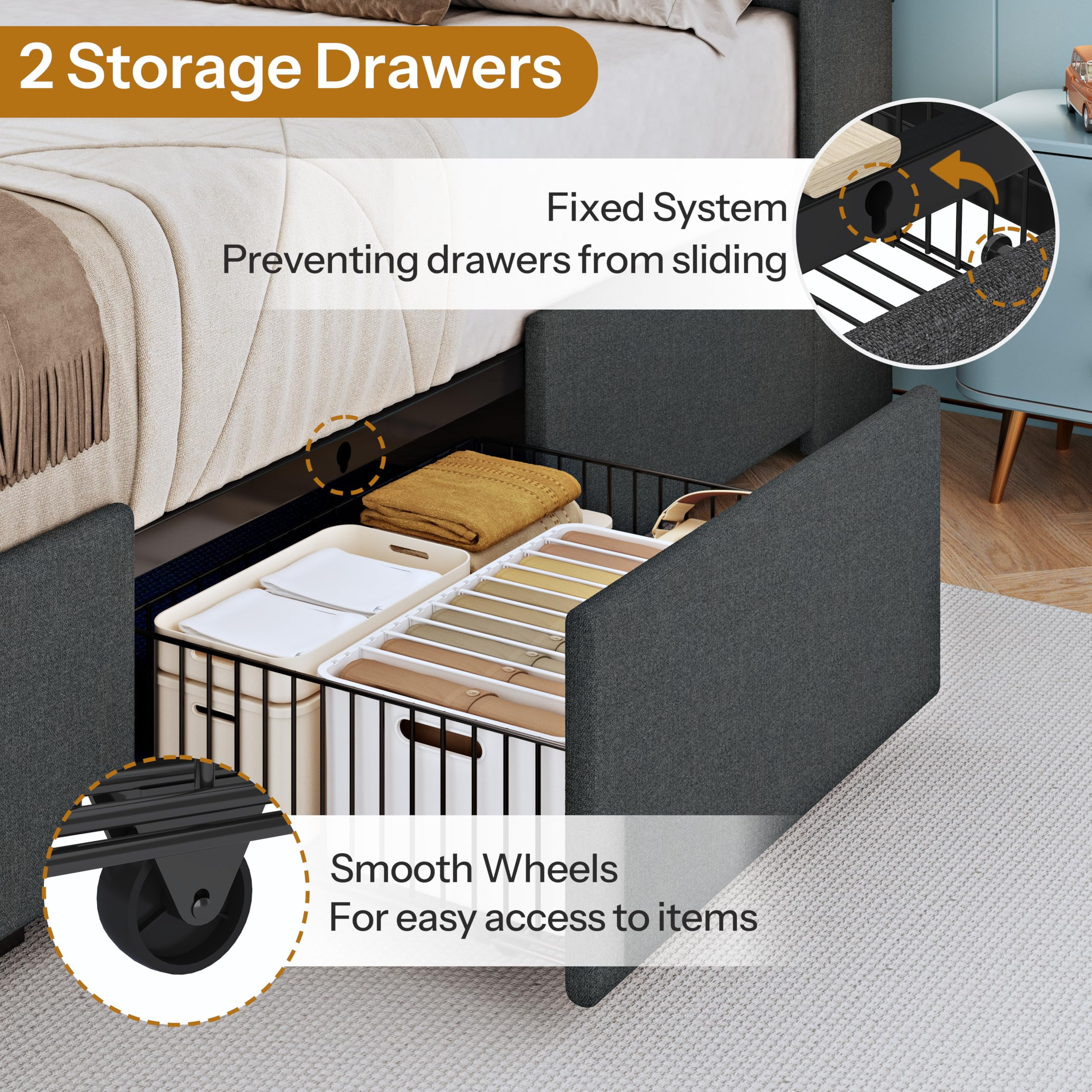 ChicZhiNest Twin Bed Frame with 2 Drawers and Storage Cabinets, Linen Upholstered Headboard LED Platform Bed with Charging Station, Dark Grey