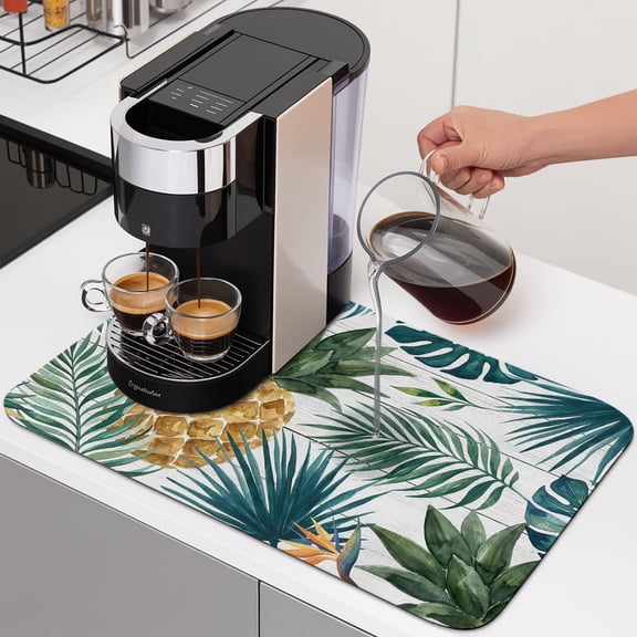 Gold Pineapple Dish Drying Mats for Kitchen Counter, Monstera Leaves Tropical Botanical White Wood Striped Absorbent Coffee Bar Mat with Non-slip Rubber Backed Quick Drying Dish Rack Pad 12"x16"