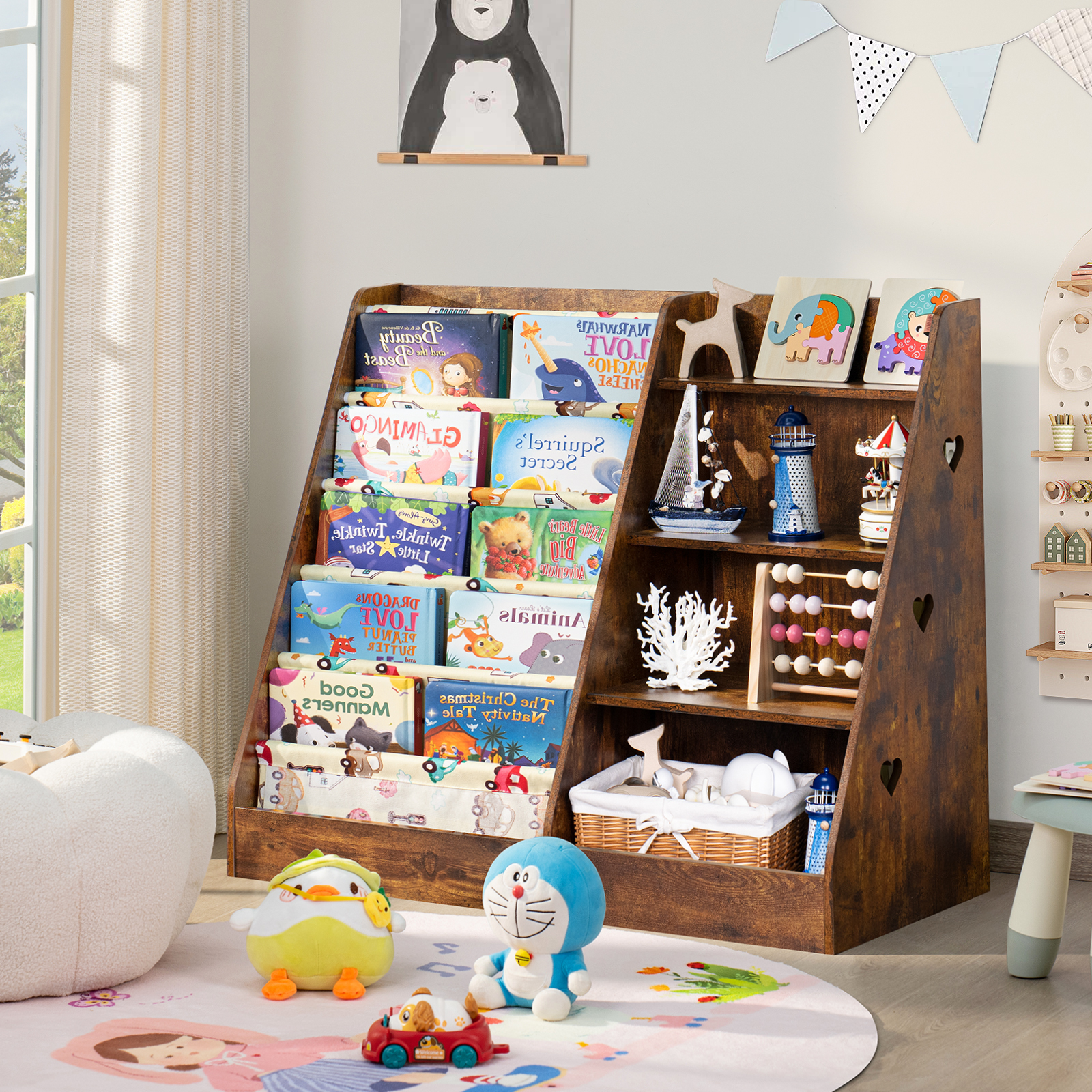 LELELINKY 35.5" Kids Bookcase Toy Storage Organizer with 5 Layer Sling, 4-Tiers Wood Toy Bookshelf for Kids Room, Brown