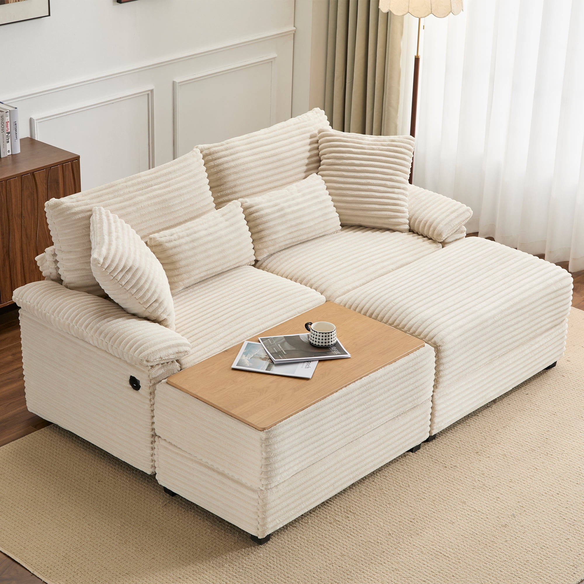 Alvantor 74" Sofa Loveseat with Reversible Ottoman & USB Port Corduroy Chaise Couch for Living Room Beige