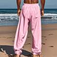 thumbnail image 3 of Dwellite Mens Casual Cotton Linen Pants Drawstring Loose Fit Summer Beach Pant Lightweight Trousers with Pockets Pink 2XL, 3 of 3