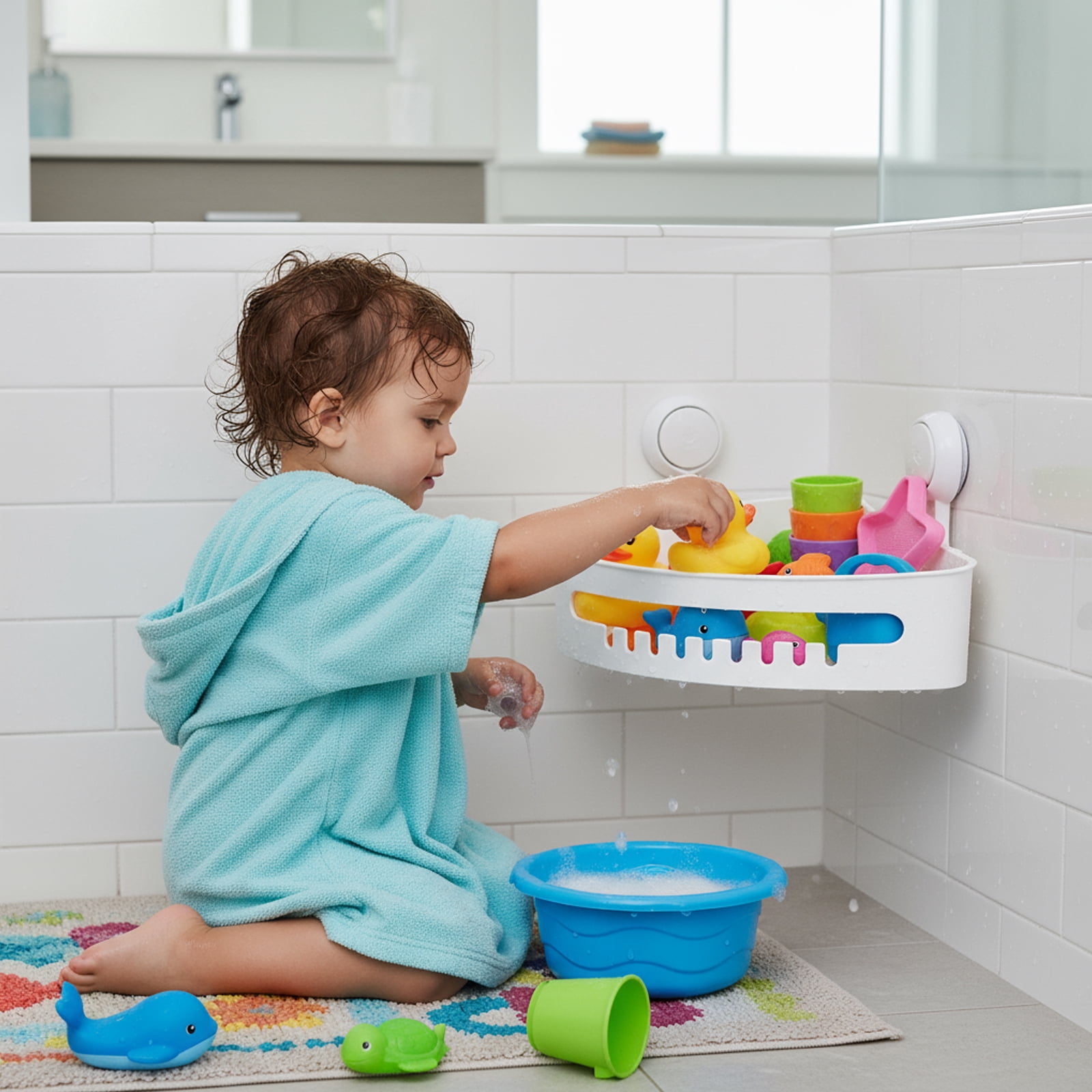 Pethiy Corner Bath Toy Organizer with Suction Cups & Drainage Holes, Space-Saving Bath Toy Storage Basket for Kids’ Bathroom (White)