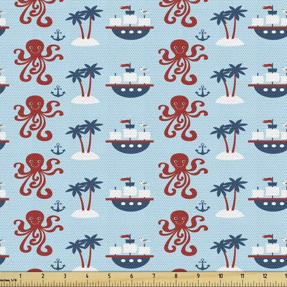 Octopus Ship Upholstery Fabric by the Yard, Ocean Theme with Island Palm Anchor Ship Marine Fish Aquatic, Decorative Fabric for DIY and Home Accents, 3 Yards, Pale Blue Vermilion by Ambesonne