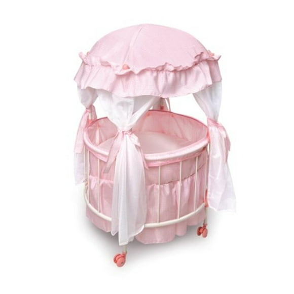 Badger Basket Royal Pavilion Round Doll Crib W Ith Canopy And Bedding - Pink/White - Fits American Girl, My Life As & Most 18 inch Dolls
