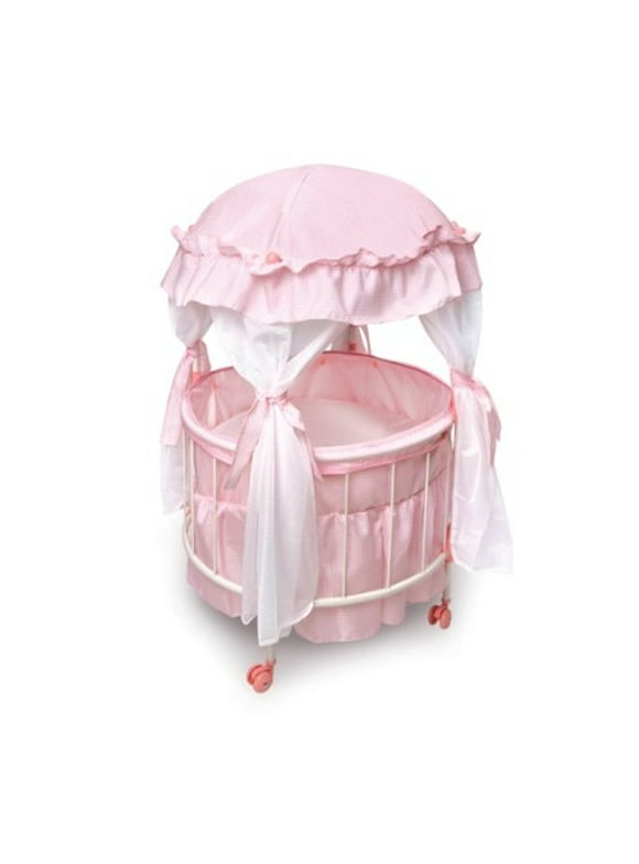 Badger Basket Royal Pavilion Round Doll Crib W Ith Canopy And Bedding - Pink/White - Fits American Girl, My Life As & Most 18 inch Dolls