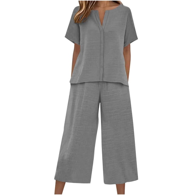 Camisas de Manga Larga para las Mujeres Suelto Ajuste Sólido Botón Liso Arriba con el Conjunto de Pantalones de Bolsillo, Camisa de Manga Larga Liso Mujer Lino Sentir