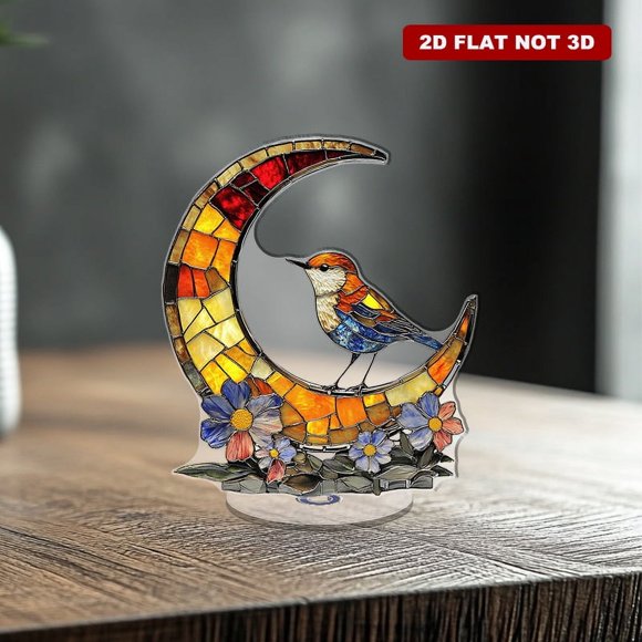 Rotating acrylic ornament featuring a stained glass crescent moon and European robin with vibrant colors and intricate spring flowers, creating a warm atmosphere
