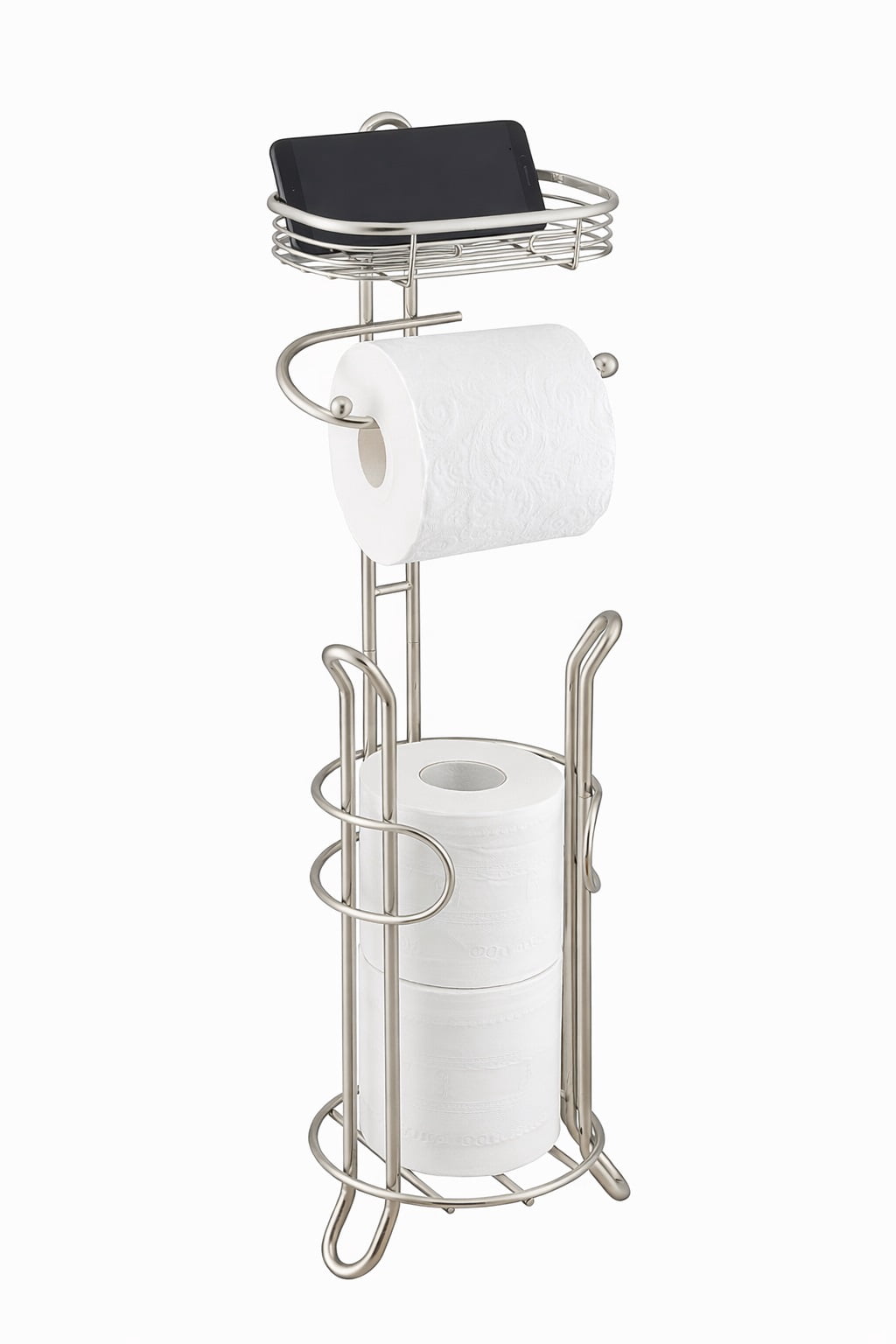 SunnyPoint Bathroom Heavyweight Toilet Tissue Paper Roll Storage Holder Stand with Reserve and Shelve, The Reserve Area Has Enough Space to Store Mega Rolls. (Satin Nickel)