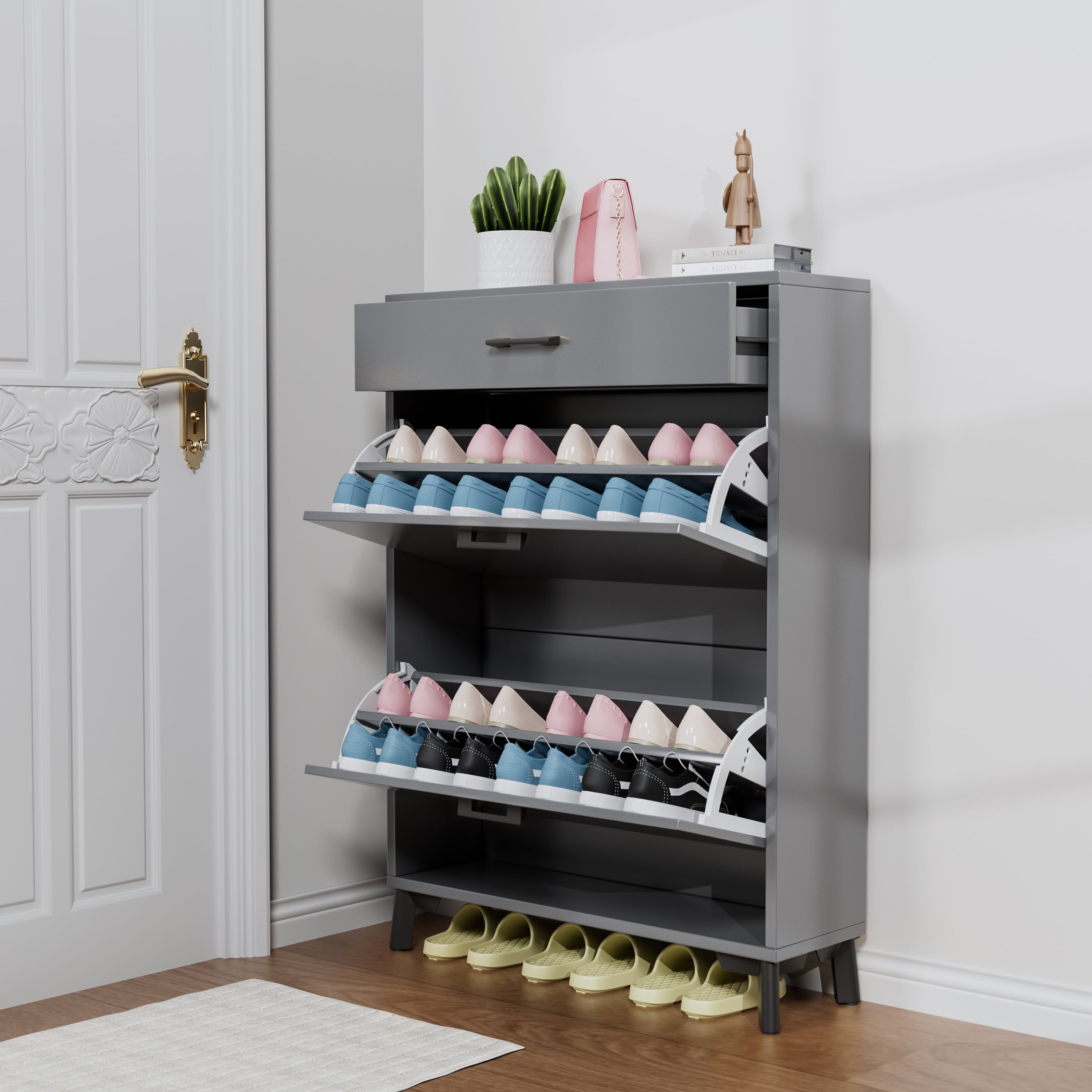 Space Saving Gray Shoe Storage Cabinet with 2 Flip Drawers, Ample Storage, Sturdy MDF & Metal Construction Space Saving, Gray - Easy to Assemble, Shoe Storage Cabinet for Doorway Hallway Entryway