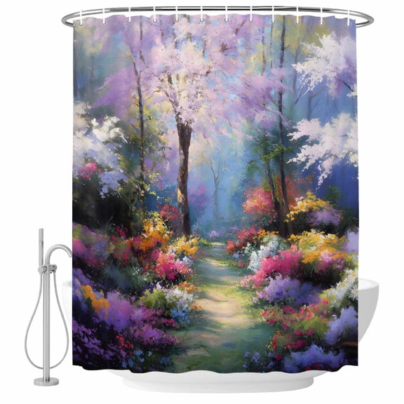 Colorful Forests Shower Curtain, Waterproof Shower Curtains for Bathroom, Spring Oil Painting Flower Nature Landscape Washable Fabric Bathtub Curtain Set Bath Decor with 12 Hooks 48"x72"