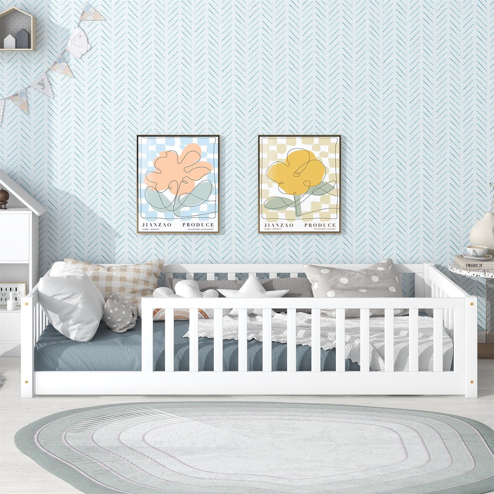 Twin Floor Bed with Fence for Kids, Solid Pine Wood Montessori Bed Frame with Guardrails and Slats System, Playhouse Design Platform Bed for Children Bedroom, Without Door, Easy Assemble,White
