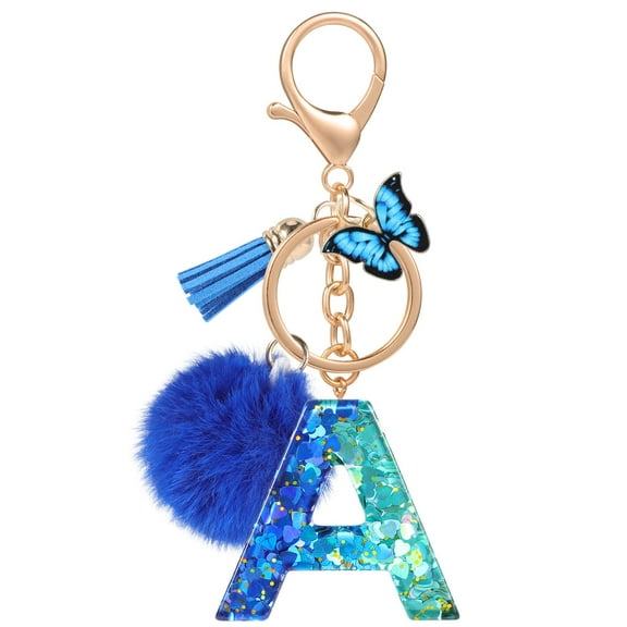 Name Initial A Keyring, Alphabet Letter A Keychain with Tassel Pom Pom, Bag Charm Ornament for Women Car Key Purse Backpack Bag