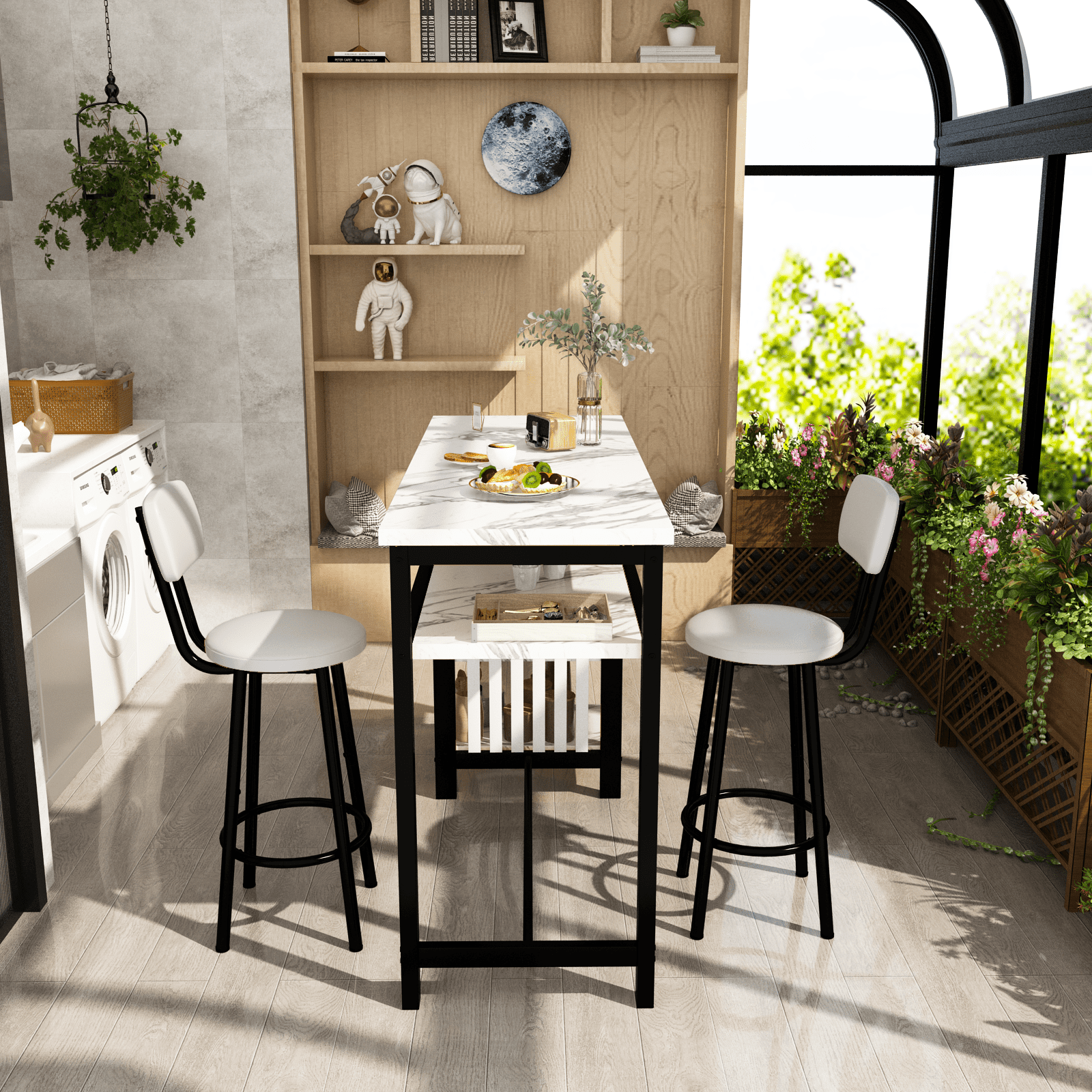 BAXLUXE Bar Table and Chairs Set for 2,Small Dining Table with Storage,Faux Marble High Kitchen Bar Table Breakfast Nook Set Eating Table, White