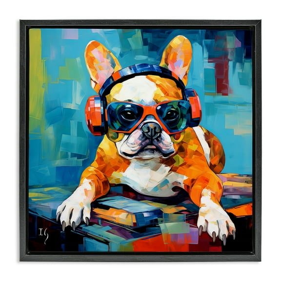Stupell Industries French Bulldog with Headphones Animals & Insects Painting Black Floater Framed Canvas Art Print Wall Art, 18 x 18
