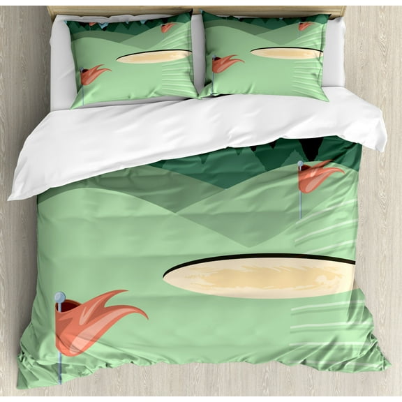 Golf Course Scene Duvet Cover Set King Size, Print of Hills Flags and Pine Tree Woodland Scenery, Decorative 3 Piece Bedding Set with 2 Pillow Shams, Green Blue and Burnt Sienna, by Ambesonne
