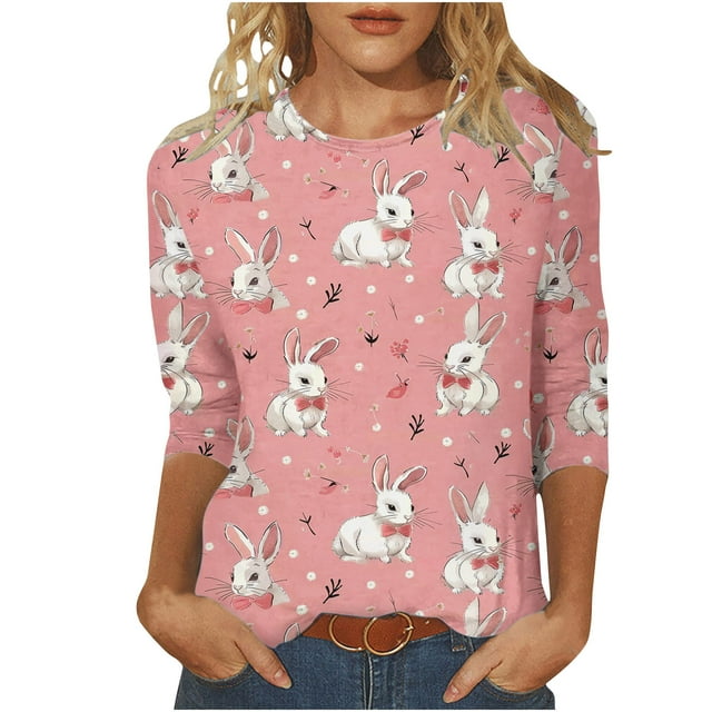 lcziwo Chemises de Pâques pour Femmes Mode Imprimé Lapin 3D T-Shirts Amples Décontractés Col Rond Manches 3/4 Hauts 2025 T-Shirt Tenues de Vacances, Multicolore, TG