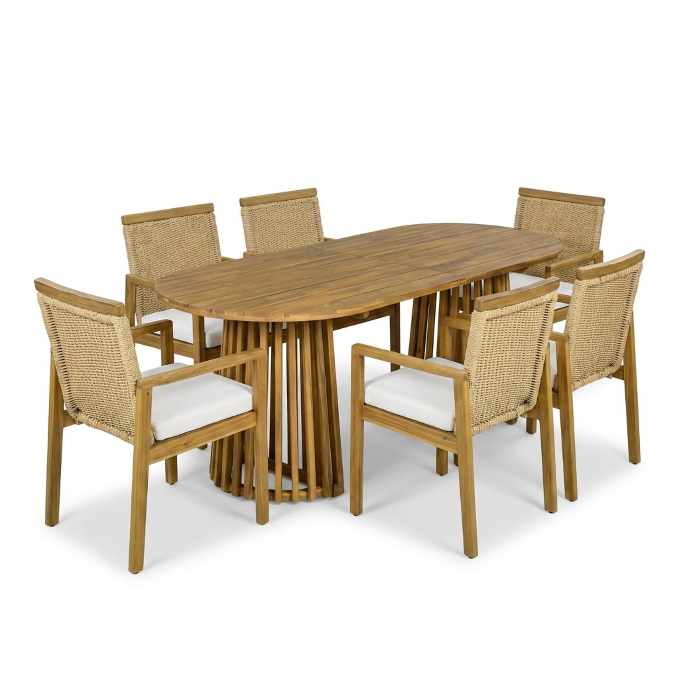 Christopher Knight Home 7-Piece Coastal Outdoor Wood Dining Set, Teak Oval Table and Natural Wicker Chairs