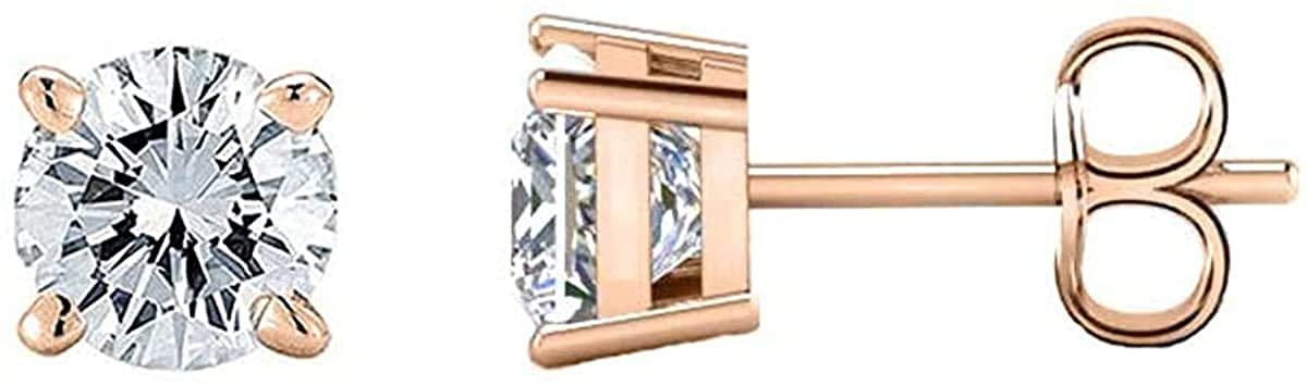 Savlano 1 Pair 6mm 14K Rose Gold Plated Cubic Zirconia Round Cut Stud Earrings For Women, Girls & Men