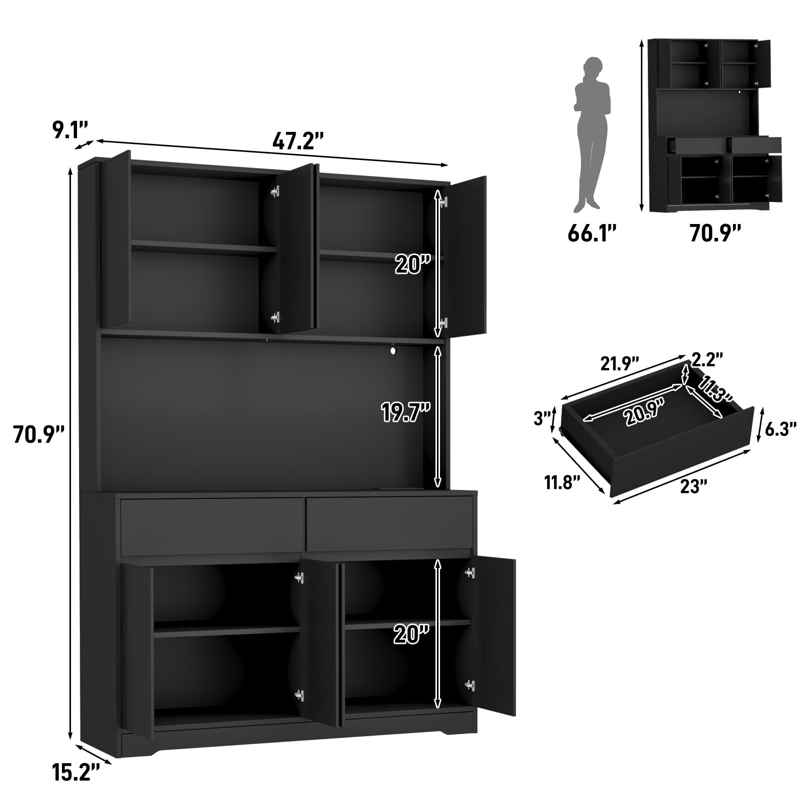71" Tall Kitchen Pantry with LED Light & Charging Station, 8 Door Kitchen Cupboard with Large Storage and Microwave Stand, Freestanding Hutch Cabinet for Dining Living Room