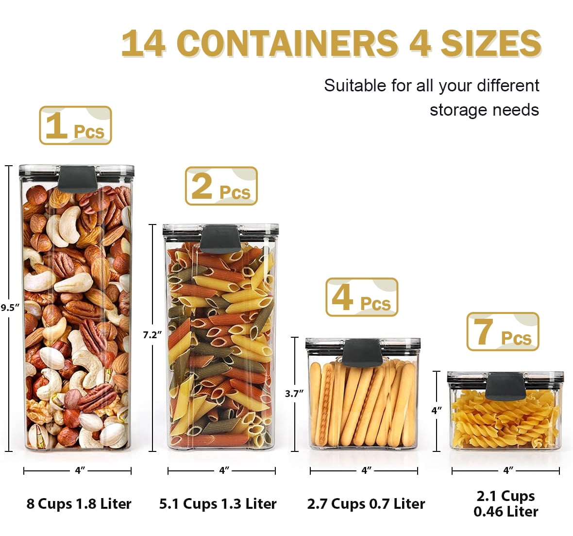 Kosbon Airtight Food Storage Container Set, 14 Pcs BPA Free Plastic Dry Food Rice Canisters for Kitchen Pantry Organization and Storage