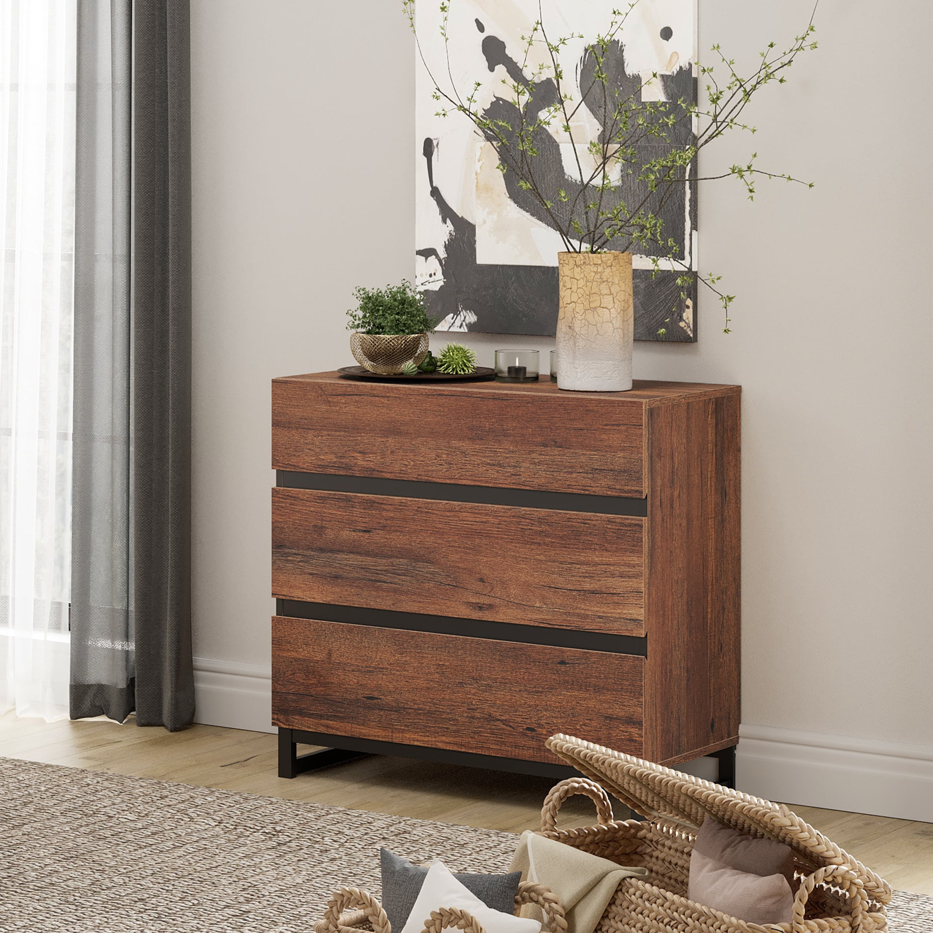 WAMPAT Dresser for Bedroom, Closet Organizers and Storage with 3 Drawers, Chest of Drawers with Metal Base, Modern Wood Dresser for Living Room, Hallway, Entryway, Brown