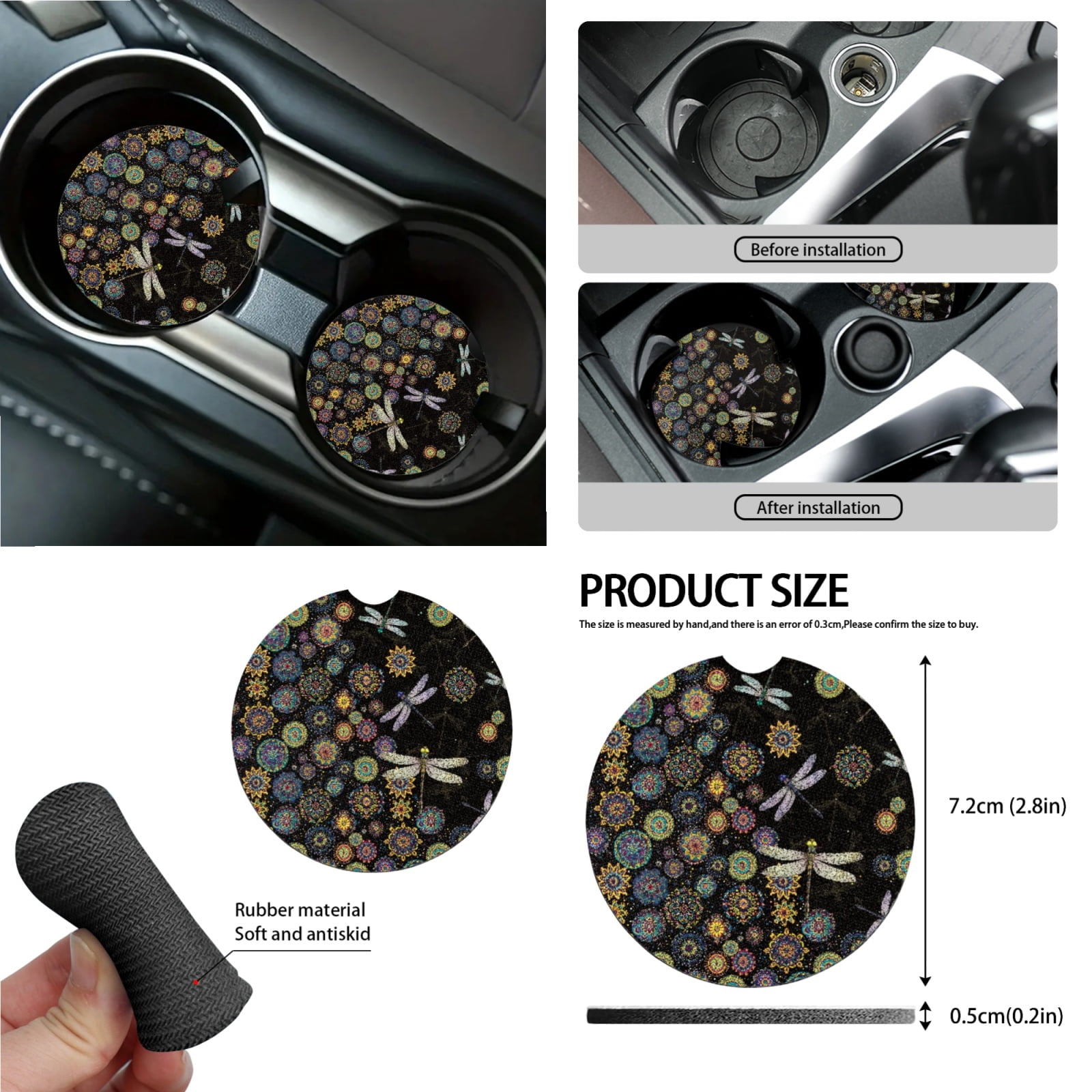 Garronmavis Hippie Flower Dragonfly Car Accessories Sets Auto Interior Decor Car Seat Covers Steering Wheel Cover Key Chain Lanyard Car Trash Can Car Dash Accessories Rearview Mirror Cover Cup Mats