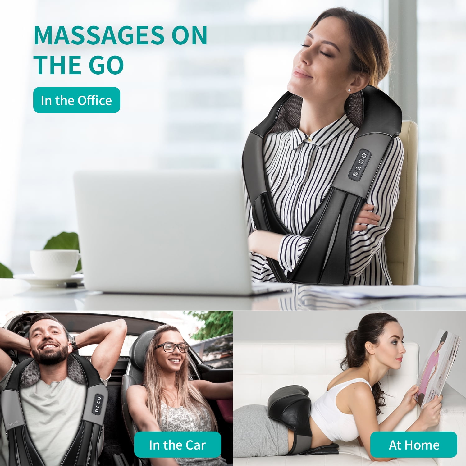 Nekteck Neck Massager with Heat, Deep Kneading Shiatsu Neck and Neck Massager for Pain Relief Deep Tissue, Electric Massage Pillow, Home/Office/Work/Home/School Use, Father Days Gifts(NOT Cordless)