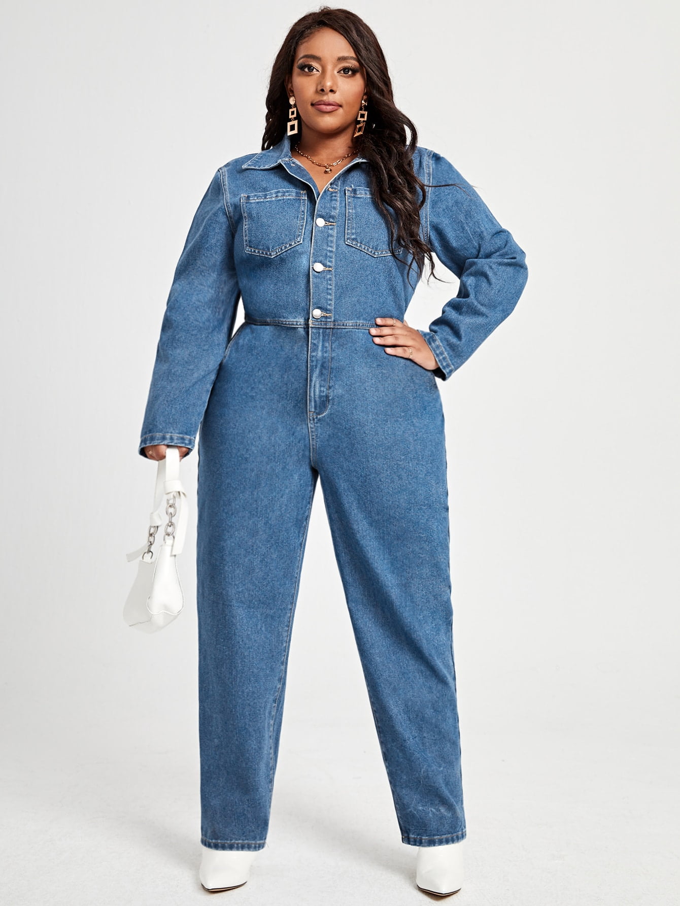 Half Button Slant Pocket Denim Jumpsuit 