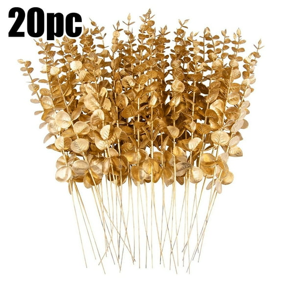 20PCS 15 Inch Gold Artificial Leaves Stems, Plastic Faux Branches, Adjustable for Vase/Wedding Bouquet/Home Decor