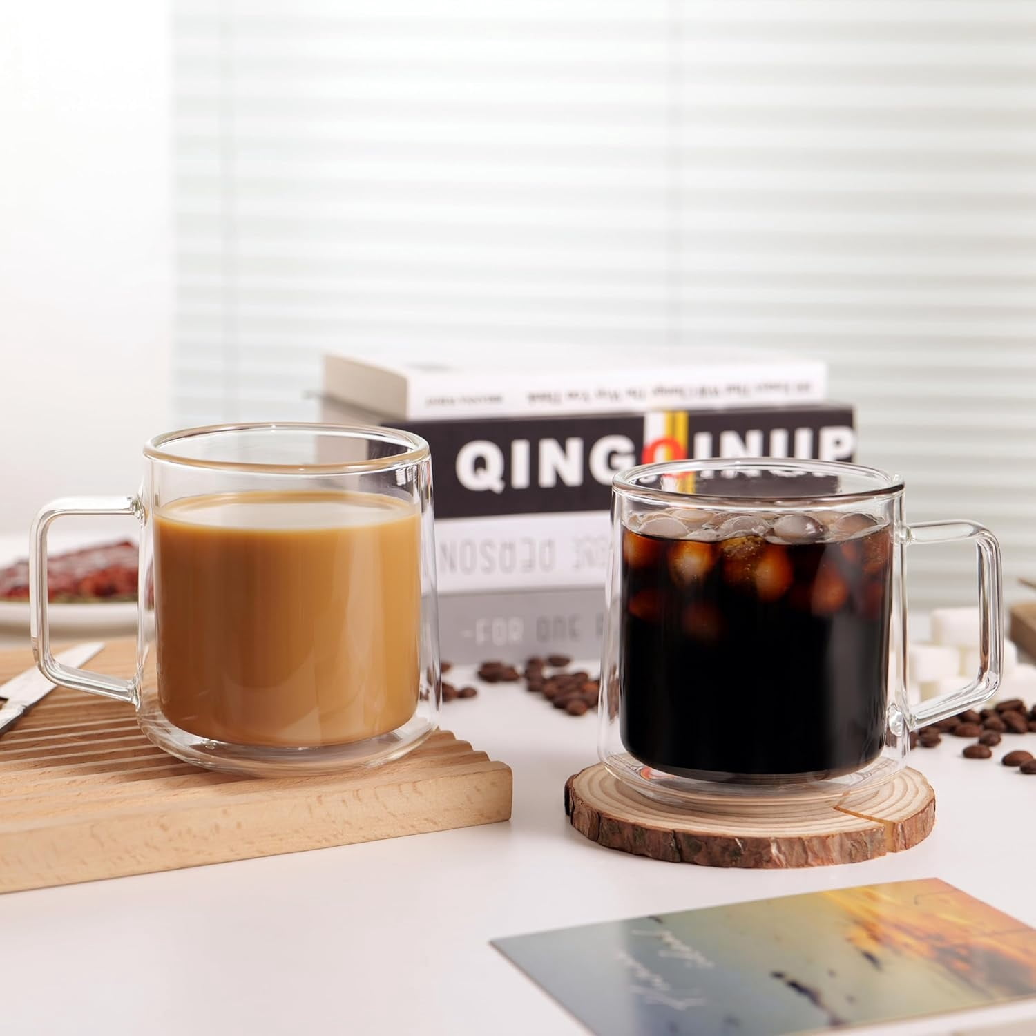 15oz(4-pack) Double Walled Glass Coffee Mugs,Large Insulated Glass Mugs with Handle,Clear Coffee Cups for Espresso,Latte,Cappuccino,Tea