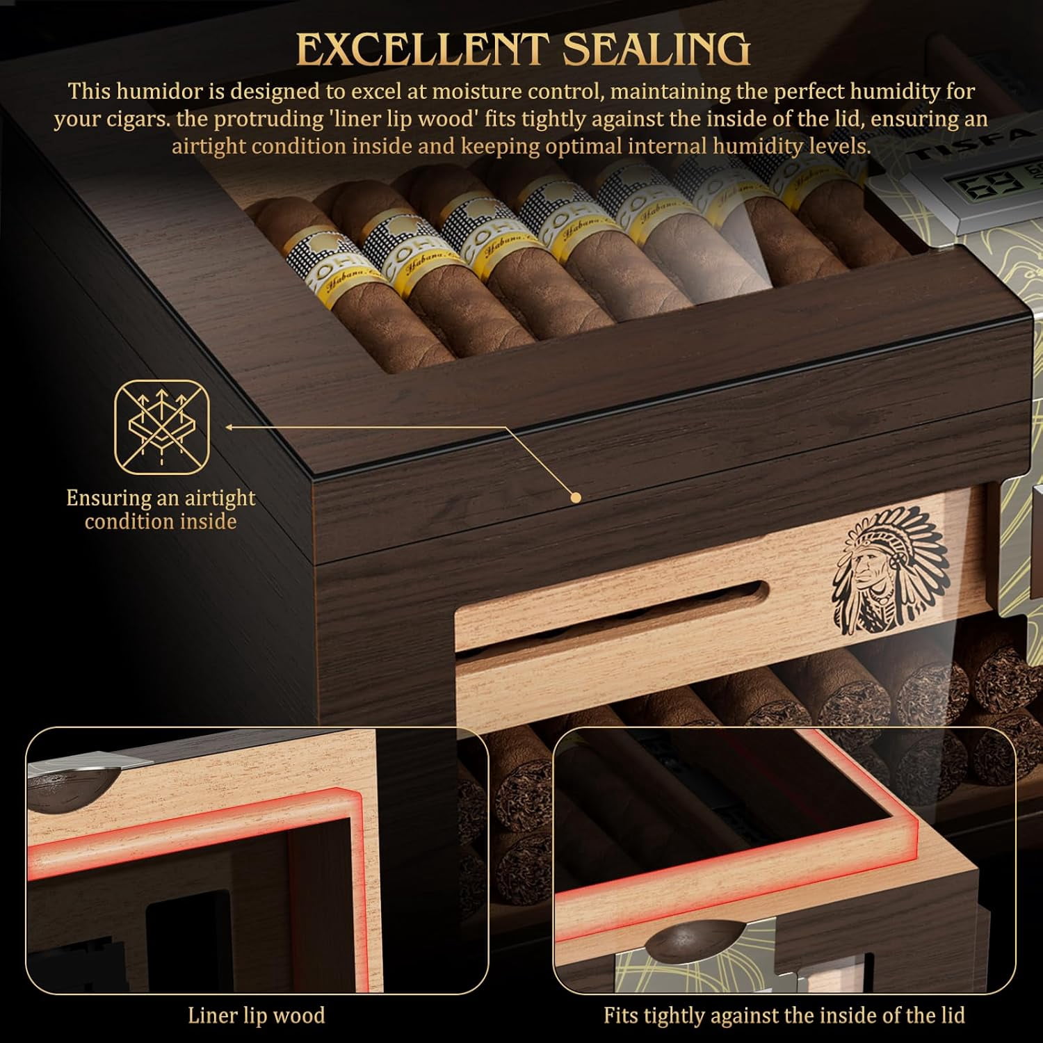 Large Cedar Wood Cigar Humidor Box with Digital Hygrometers and Travel Tubes