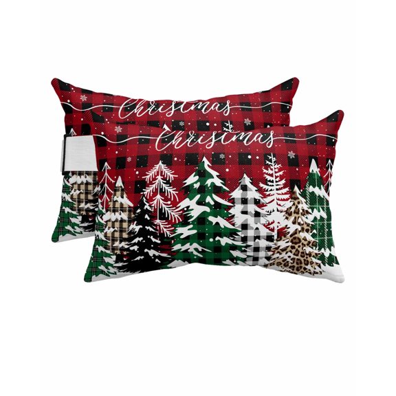 Pack of 2 Outdoor Lumbar Pillow Covers 12x20 Inch, Red Black Plaid Christmas Waterproof Throw Pillow Covers Set, Xmas Tree Snowflake Indoor&Outdoor Decorative Cushion Cases for Patio Porch Car