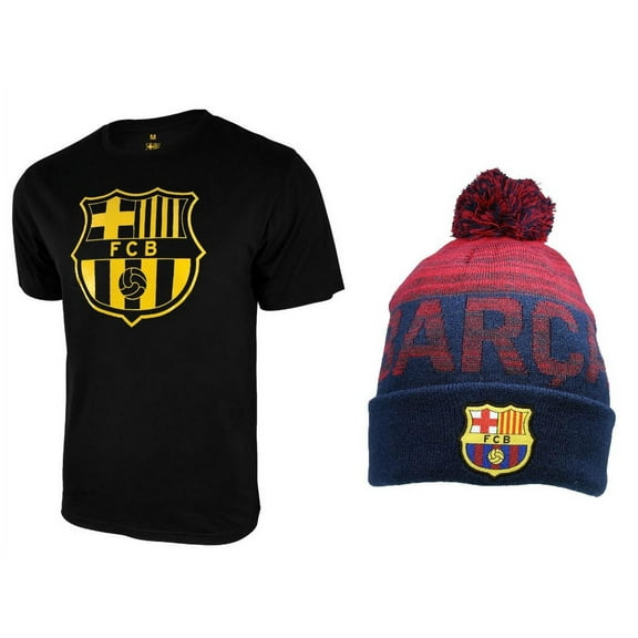 Icon Sports Men FC Barcelona Official Soccer T-Shirt and Beanie Combo 23 - Small